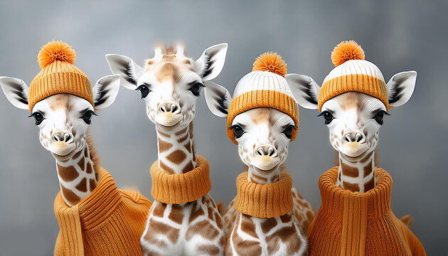 Jirafas beb&eacute; vestidas con ropa de invierno: jersey y gorro de lana. Imagen graciosa, divertida, surrealista, cuqui