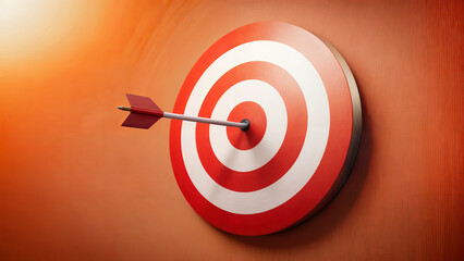 An arrow is successfully hitting the bullseye of a dartboard with red and white circles. The striking combination of colors creates an energetic atmosphere
