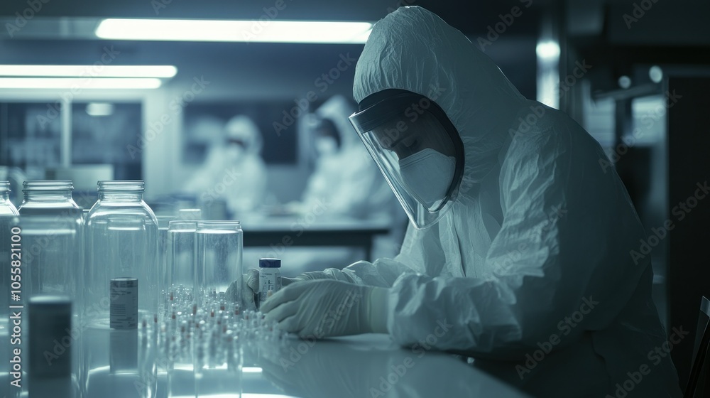 Poster scientist in protective gear working with samples in a laboratory