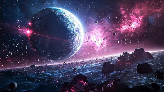 A highly detailed image of a gas giant planet surrounded by various cosmic elements such as moons, space debris, and glowing phenomena, setting a rich celestial scene. Video