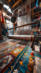 Naklejka premium Artisan at Work on Loom in Traditional Weaving Workshop