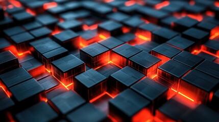 Fototapeta premium A mesmerizing view of illuminated black cubes forming a dynamic pattern, creating an atmospheric digital landscape
