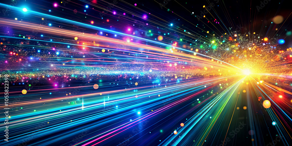 Poster dynamic light streams burst forth from a bright center, transforming the cosmic backdrop into a mesm