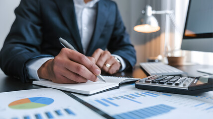 Close-up of a financial planner's hands diligently writing in a notebook, This scene effectively symbolizes the importance of personal finance management