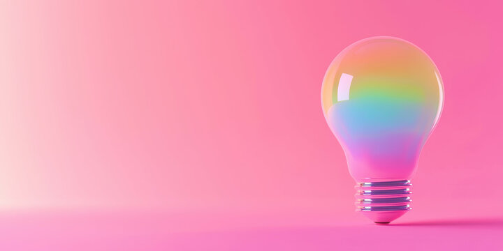 A light bulb with rainbow colors is lit up on a pink background
