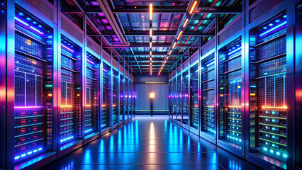 Fototapeta premium This modern data center corridor features rows of server racks, with vibrant LED lights casting an array of colors, creating a futuristic atmosphere in the evening