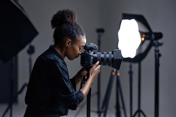 Female photographer setting up light stands, indoor studio setup, professional skill