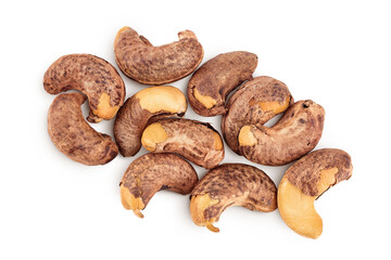 cashew nut with shell isolated on white background. Top view. Flat lay
