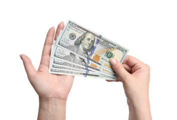 Woman holds banknotes in hand, isolated on a transparent background png Top view. Counting or spend money.