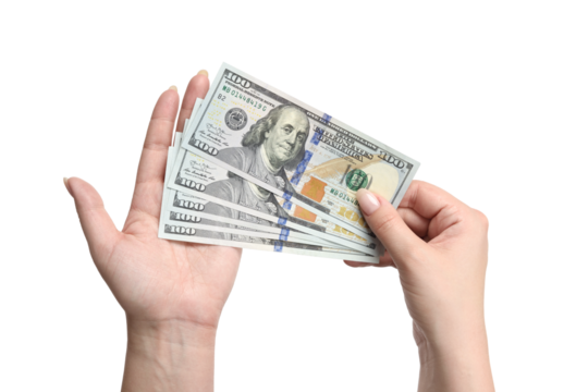 Woman holds banknotes in hand, isolated on a transparent background png Top view. Counting or spend money.