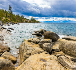 Dark Clouds Over Lake Tahoe at Granite Cove, Tahoe East Shore Trail, Nevada, USA