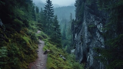 A Winding Path Through a Misty Forest Gorge