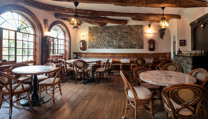 Naklejka premium Interior de un bar taberna estilo antiguo, con madera y piedra. Ninguna persona
