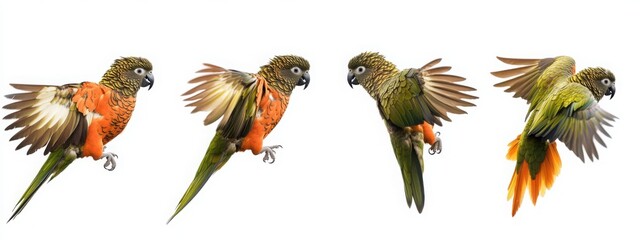 Obraz premium Kea parrot with olive-green feathers and orange underwings, multiple poses on a white background