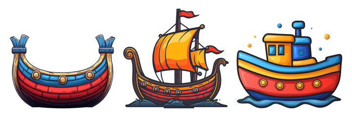 Colorful Cartoon Boats on Transparent Background