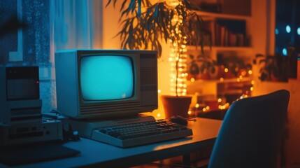 A retro, dusty computer in a dimly lit room, cluttered desk symbolizing the early days of technology.