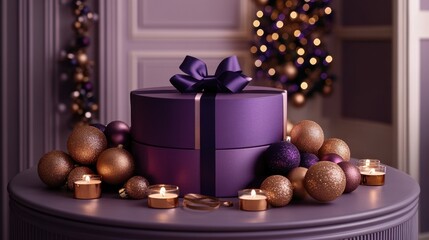 A beautifully wrapped purple gift adorned with a silky bow set against a festive backdrop, surrounded by shimmering ornaments and soft candlelight