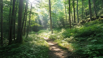 Obraz premium Sunlit Path Through a Lush Green Forest