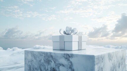 A beautifully wrapped gift box on a marble pedestal surrounded by soft, fluffy clouds under a dreamy sky at dawn