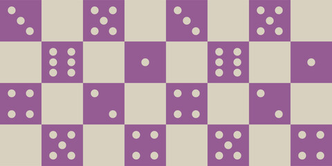 Dice checkered seamless pattern in purple color. Flat illustration, retro background for textile, wrapping paper, fabric, wallpaper, cover. Vector