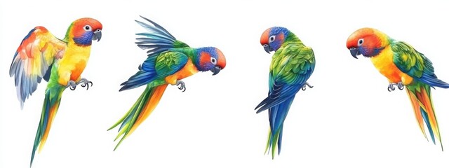 Naklejka premium Rainbow Lorikeet parrot with vibrant colors, in various poses on a white background
