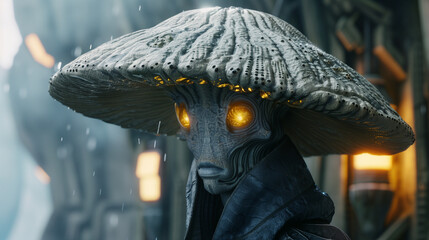 A mystical alien with mushroom-like head and glowing eyes stands in a sci-fi setting under rainy ambient light
