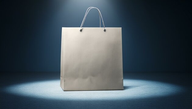 Large blank paper shopping bag on studio spotlight. 3D Rendering
