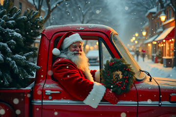 santa claus driver with happy face driving in red pickup retro vintage car loaded with a Christmas tree, gifts. Santa is drive a Christmas fir in vehicle truck. snowy weather. Evening time. new year