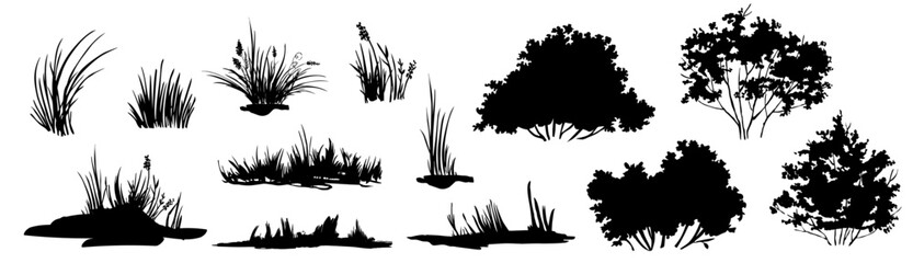 Vector silhouettes of trees, bushes, various types of trees and shrubs in black vector, Various shapes of silhouette of grass, bushes and low plants, design element. 