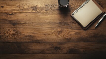 A top-down view of a wooden desk with a notebook and pen, placed neatly on top. The focus is on the surface texture and the desk's organization.