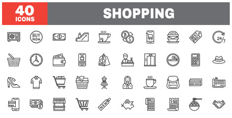 Set of 40 line icons shopping. Outline icon collection. Editable stroke. Vector illustration.
