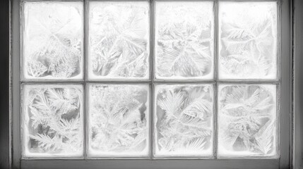 Frosty window with intricate ice patterns, perfect for cozy winter-themed advertising or home decor catalogs.