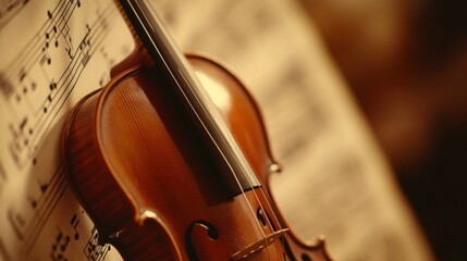 Fototapeta premium A low-angle view of a violin propped up on its stand, showing the neck and tuning pegs. The background is softly blurred with a hint of sheet music.