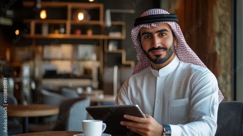 Poster a young man dressed in traditional attire is seated at a table in a contemporary cafe. he focuses on