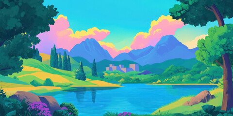 Tranquil mountain landscape with vibrant colors and serene lake reflections