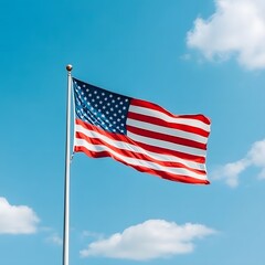 A large American flag is flying in the sky