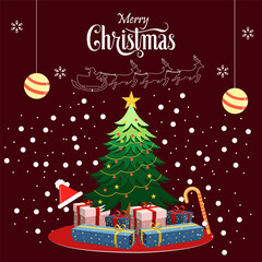 Naklejka premium A decorated Christmas tree, presents, a candy cane a Santa hat, a reindeer sleigh snowflakes and the text Merry Christmas The overall atmosphere is joyful and festive