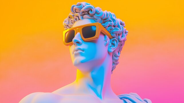Greek sculpture in sunglasses with cyber lights, cinematic