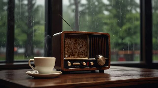 A radio and a cup of coffee behind the window during the rain. Relaxing and cozy atmosphere. Seamless 4K looping timelapse video animation background
