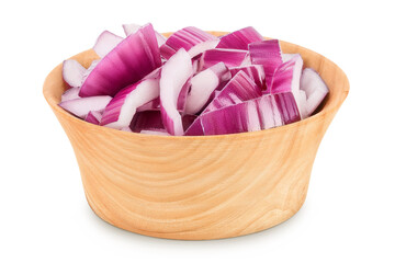 Red onion slices in wooden bowl isolated on a white background