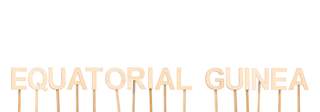 Equatorial Guinea in wooden letters, held by sticks in decorative and minimalist style. Web Banner.