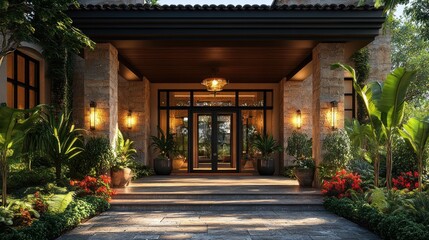Elegant entrance of a home surrounded by lush greenery and flowers.