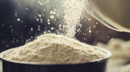 A low-angle view of a measuring cup being filled with flour, showing the texture of the flour as it pours in. The background is softly blurred.