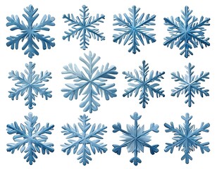 Blue snowflakes of different sizes and shapes, watercolor set for creativity and stickers