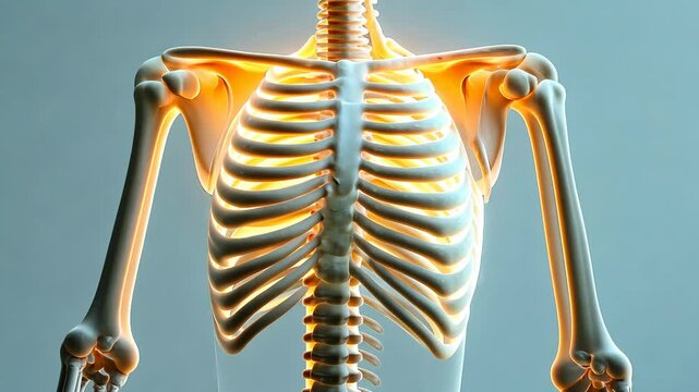A 3D model of a human ribcage, showcasing the structure of the bones