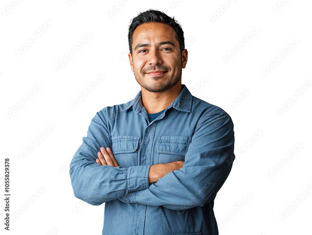 Poster portrait of a smiling man in a casual outfit, posed with arms crossed, isolated on transparent backg