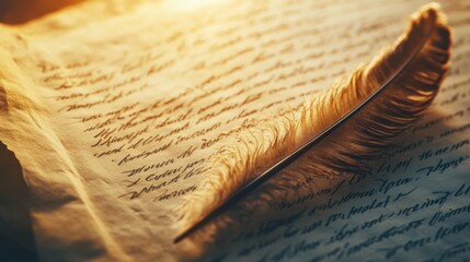 Aerial view of an ancient quill pen on a parchment with writing, soft golden light, focus on feather texture, classical literature, historical writing tool