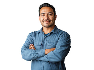 Portrait of a smiling man in a casual outfit, posed with arms crossed, isolated on transparent background