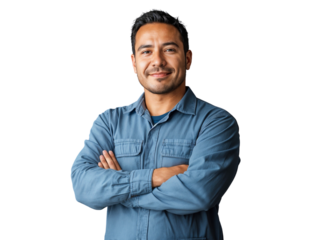 Portrait of a smiling man in a casual outfit, posed with arms crossed, isolated on transparent background