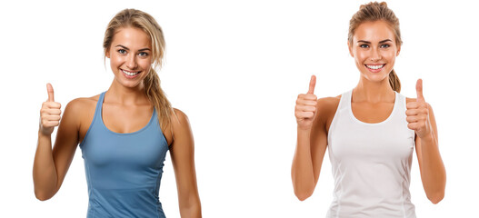Portrait of two smiling female fitness models giving a thumbs-up, isolated on transparent background